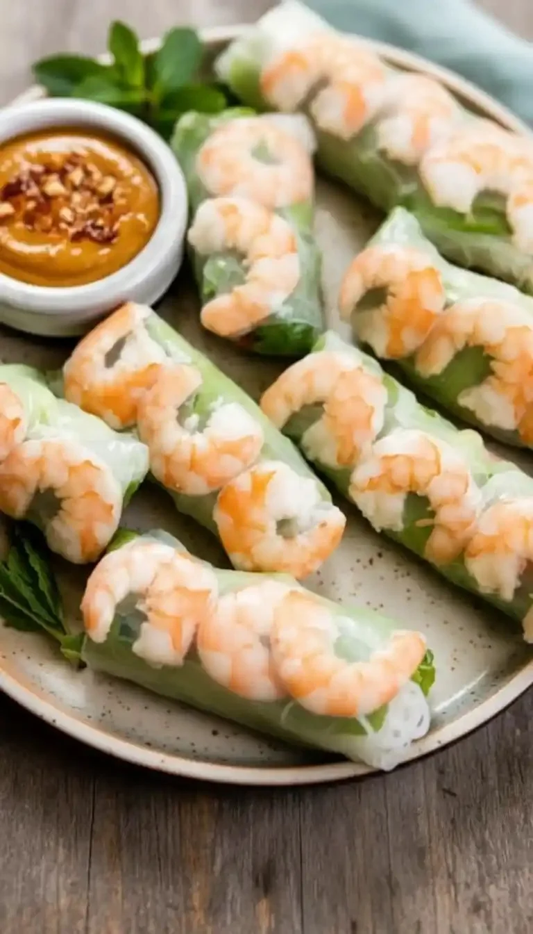 Plate of fresh Vietnamese spring rolls with herbs, vegetables, and dipping sauce