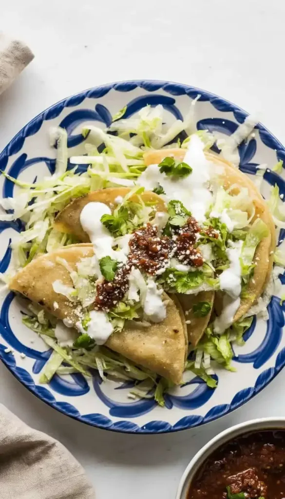 Delicious golden tacos served on a colorful plate with fresh toppings