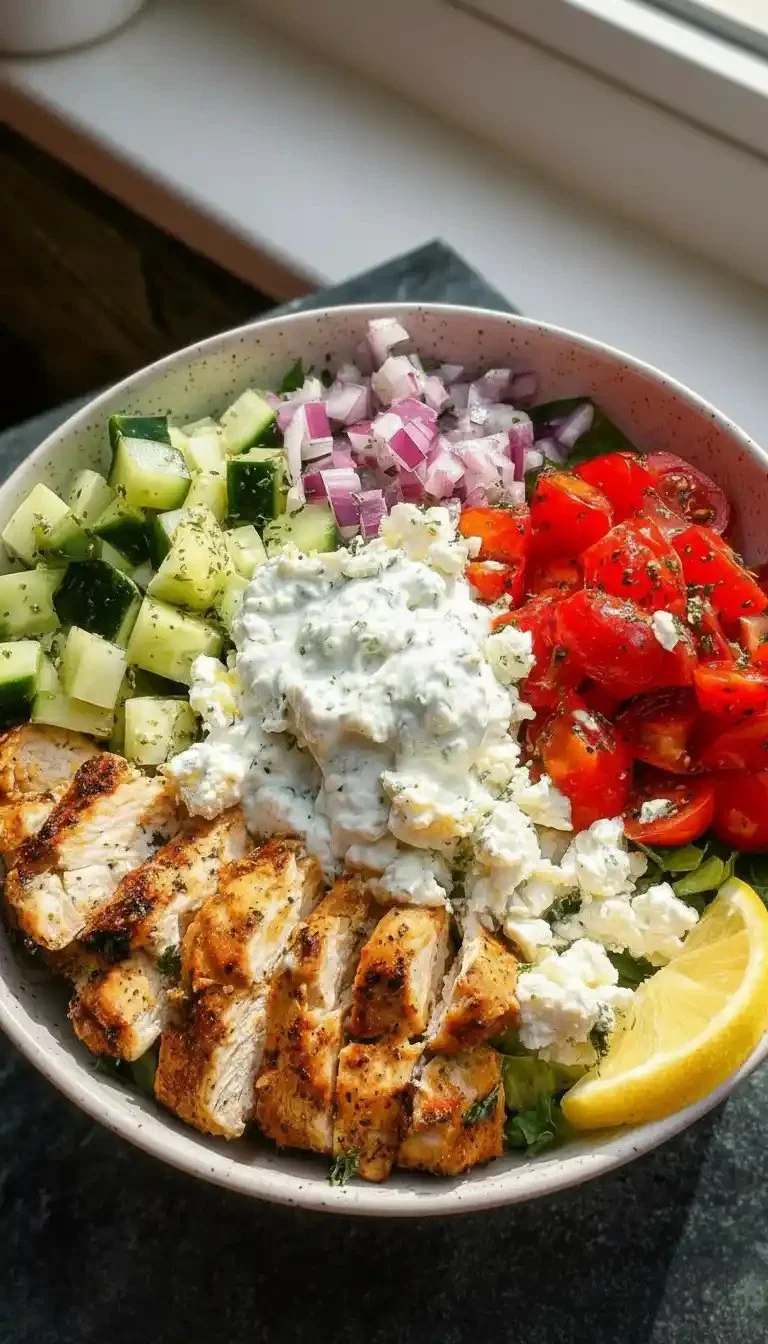 Greek chicken bowls filled with fresh vegetables and grains for meal prep