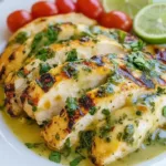 Grilled salsa verde chicken topped with pepper jack cheese