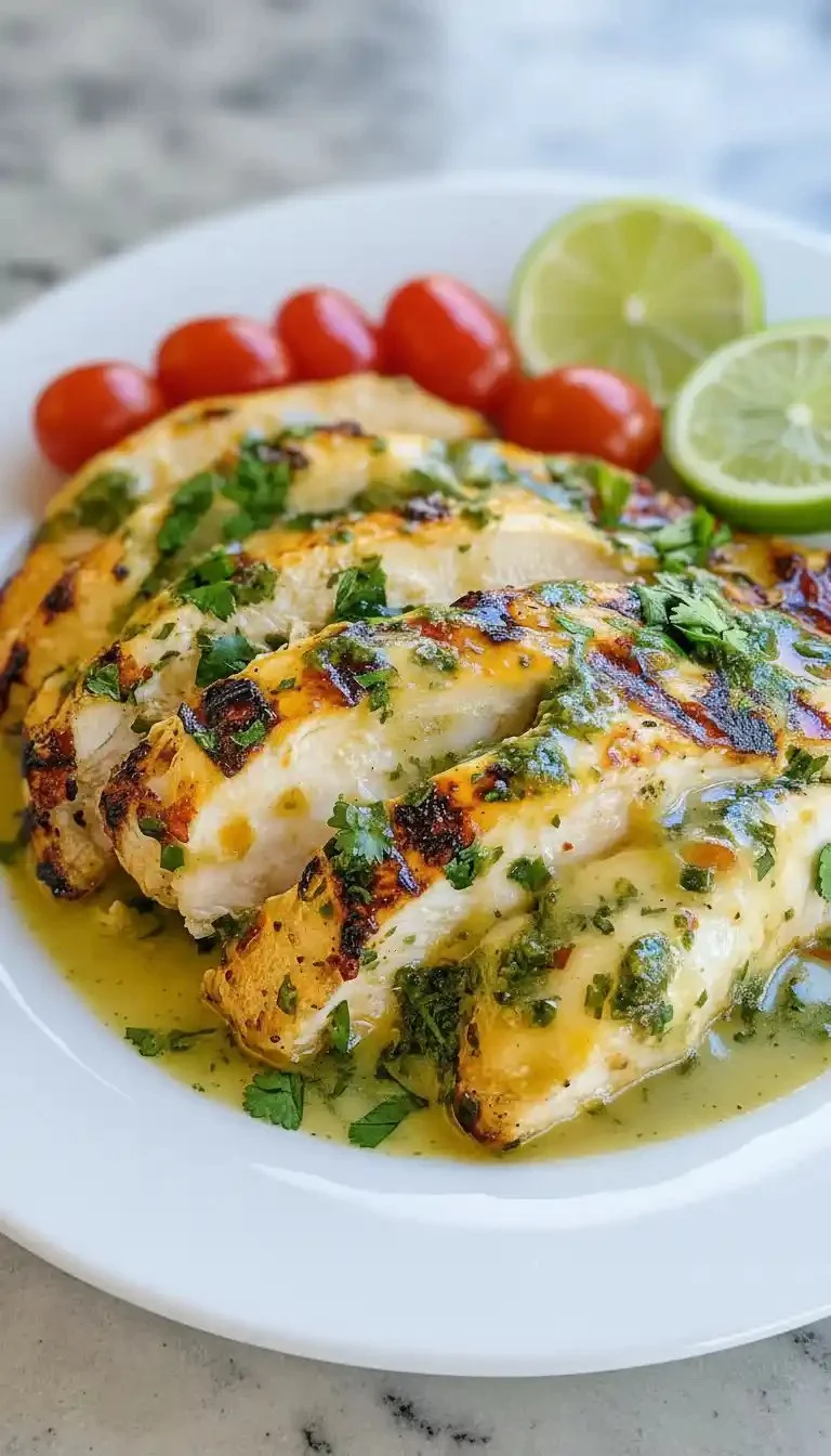 Grilled salsa verde chicken topped with pepper jack cheese