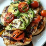 Juicy grilled California avocado chicken garnished with fresh herbs.
