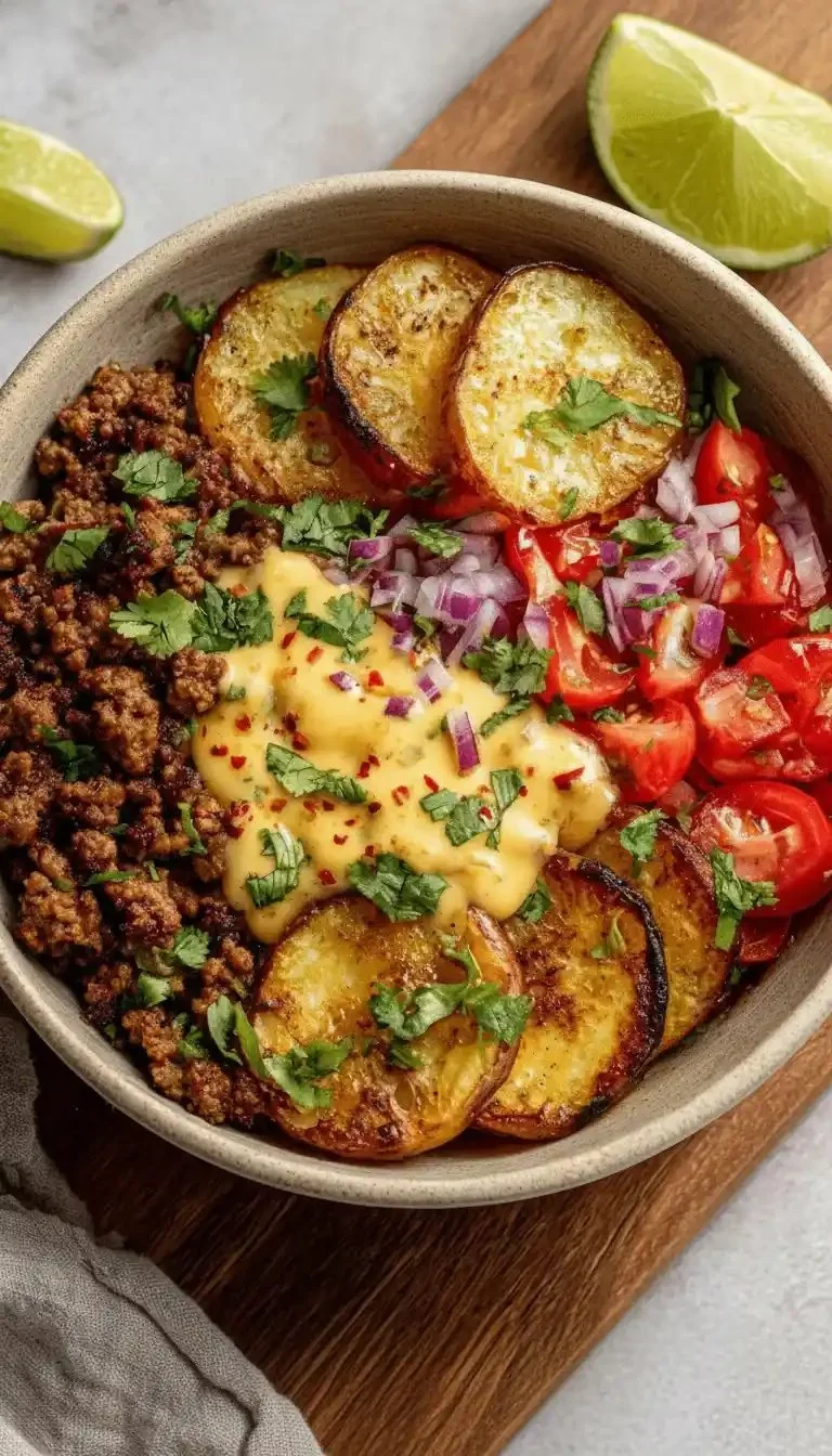Loaded Fiesta Potato Bowls topped with cheese and crispy toppings, perfect for dinner.
