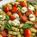 A colorful pasta salad with fresh basil pesto and assorted vegetables