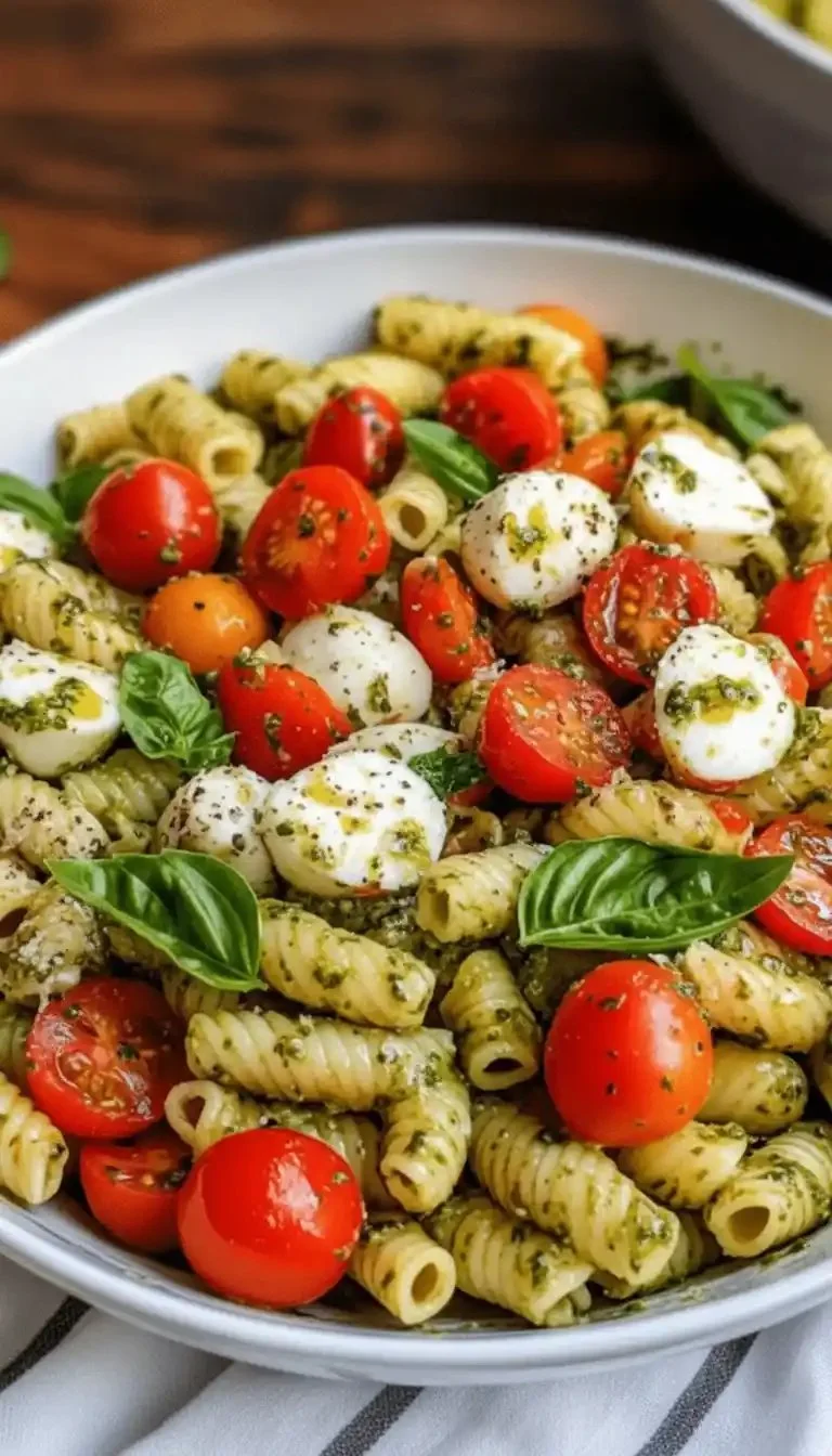 A colorful pasta salad with fresh basil pesto and assorted vegetables