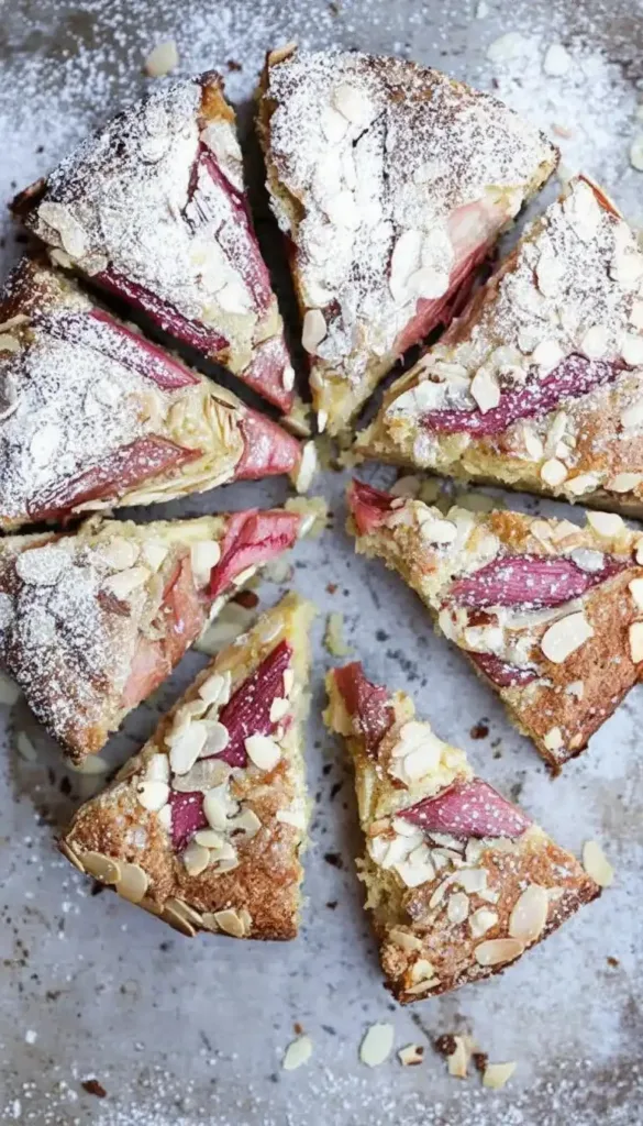 Delicious homemade Rhubarb-Almond Cake served on a rustic wooden table.