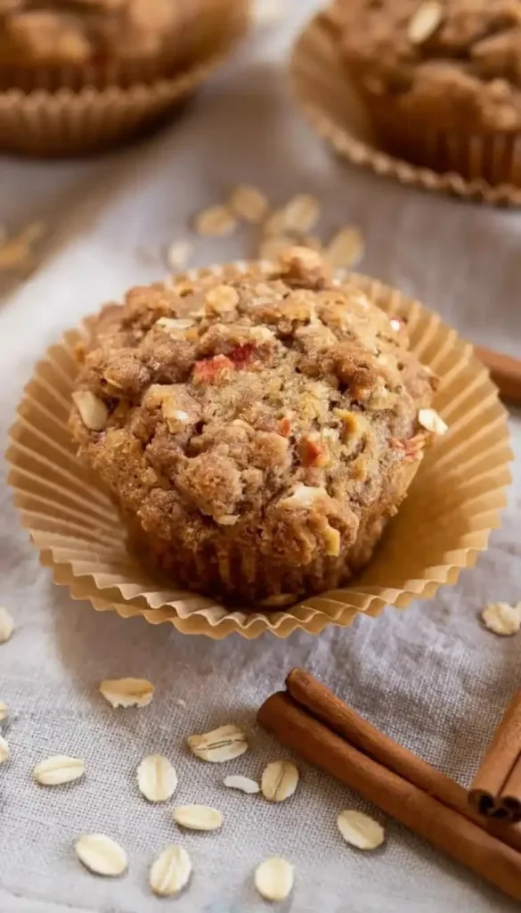 Freshly baked Rhubarb Oat Muffins on a wooden table