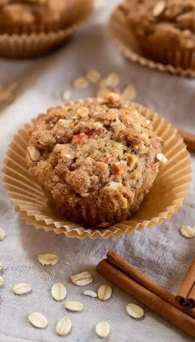 Freshly baked Rhubarb Oat Muffins on a wooden table