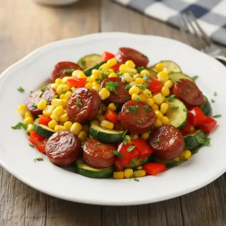 Sausage and veggies skillet dish served in a frying pan