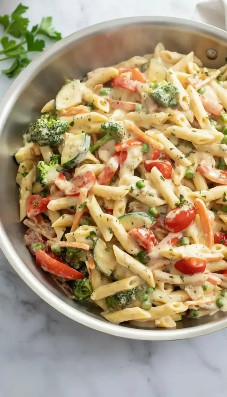 Colorful bowl of spring pasta with fresh vegetables and herbs