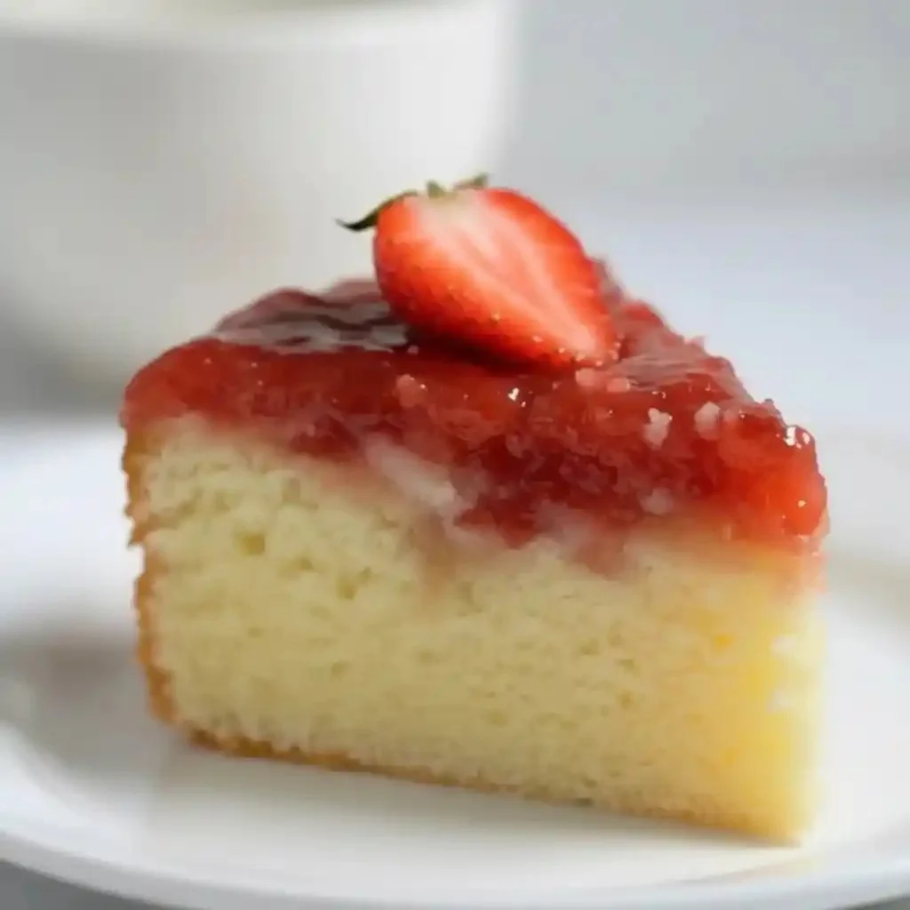 Delicious strawberry rhubarb upside down cake with fresh fruit topping