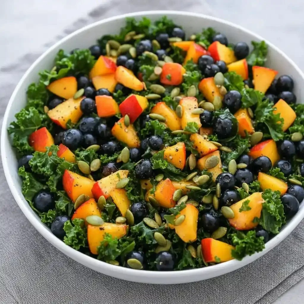 Summer Kale Salad with Peaches and Blueberries